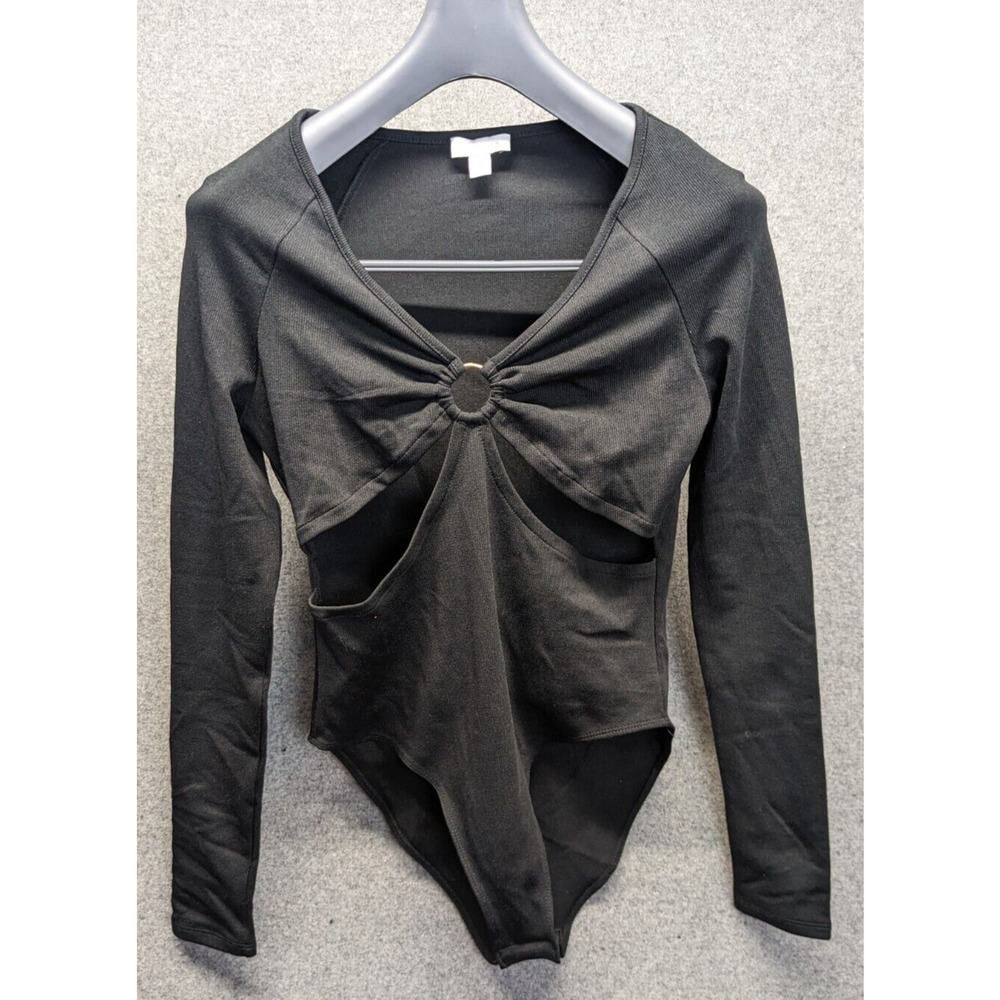 Topshop O-Ring Cutout Bodysuit Women's Sz 8-10 Black Long Sleeve V-Neck